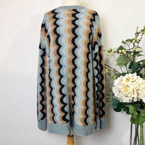 Show Me Your Mumu Retro Wave Oversized Knit Sweater Blue Tan Black | Medium - Picture 1 of 13